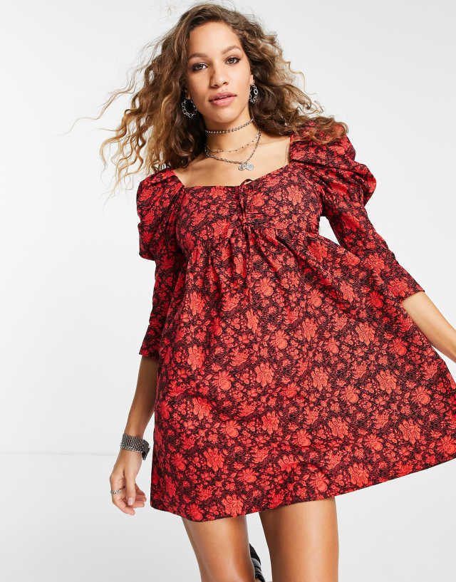 Topshop volume sleeve floral mini dress in red