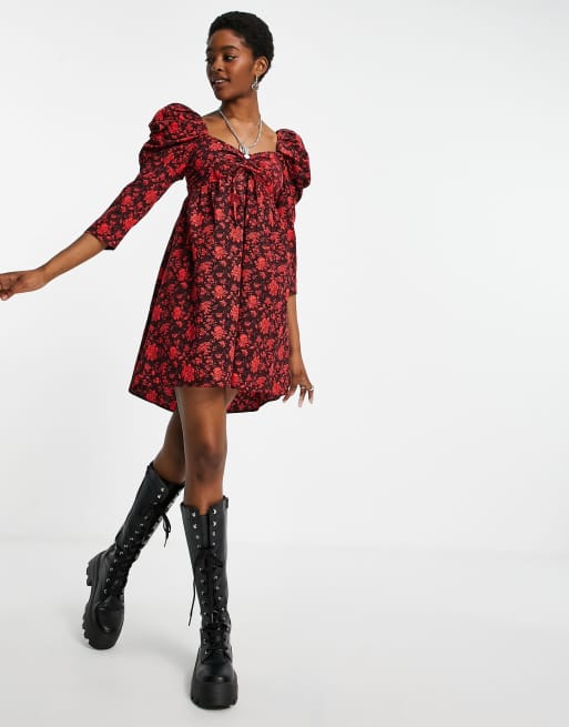 Topshop volume sleeve floral mini dress in red