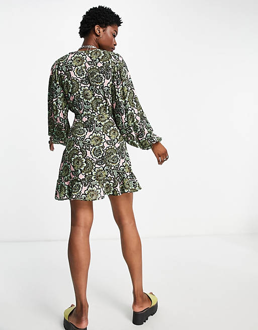 Topshop volume sleeve mini dress in 70s print - MULTI | ASOS