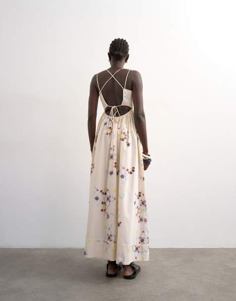 Topshop - Volumineuze maxi jurk van popeline met smalle bandjes aan de achterkant in mozaïekprint - view 1