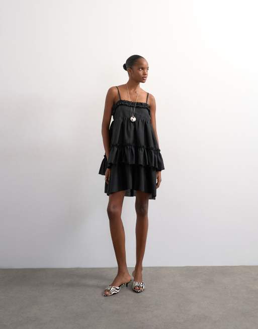 Topshop voluminous frill midi dress in black, 2 of 4