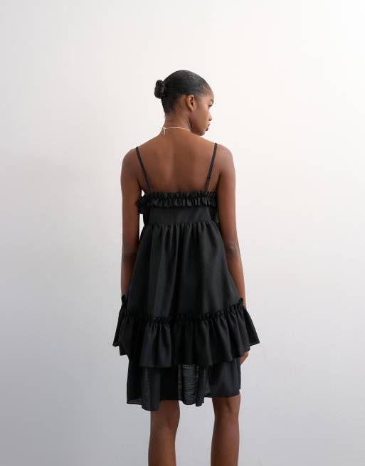 Topshop voluminous frill midi dress in black, 3 of 4