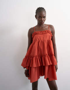 Voluminous frill midi dress in rust