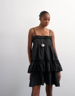 Topshop voluminous frill mini dress in black