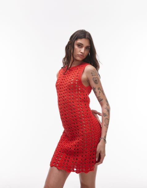 Topshop – Von Hand gehäkeltes Maxi-Strickkleid in Rot - view 1