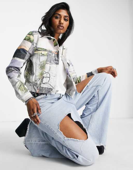 Topshop – Vykortsmönstrad jeansjacka i bomull, del av set - MULTI, 4 av 4