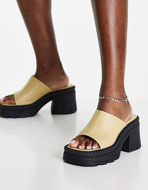 Women Heels/Topshop Wade premium leather chunky heeled mule sandal in pale yellow 