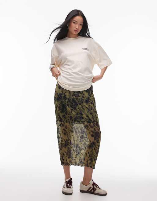 Topshop – Wadenlanger Jersey-Rock mit grünem, verwischtem Print und Knitterstruktur
