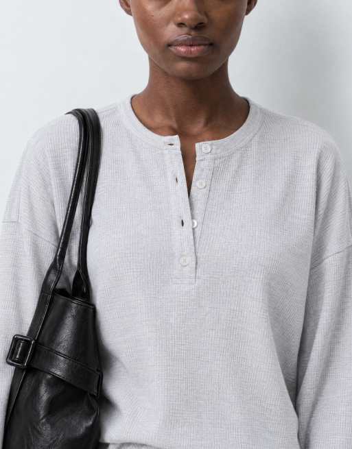 Topshop wafel henley top met lange mouwen in gemêleerd grijs, 6 van 8