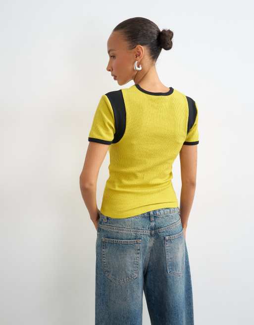 Topshop waffle color block tee in yellow, 3 of 4