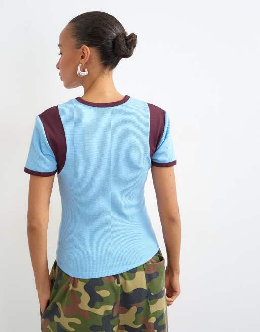 Topshop waffle colourblock tee in blue, 3 of 4