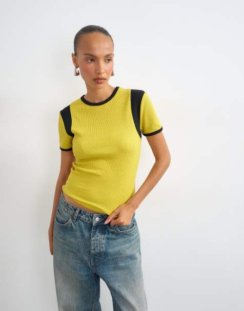 Topshop waffle colourblock tee in yellow - view 1