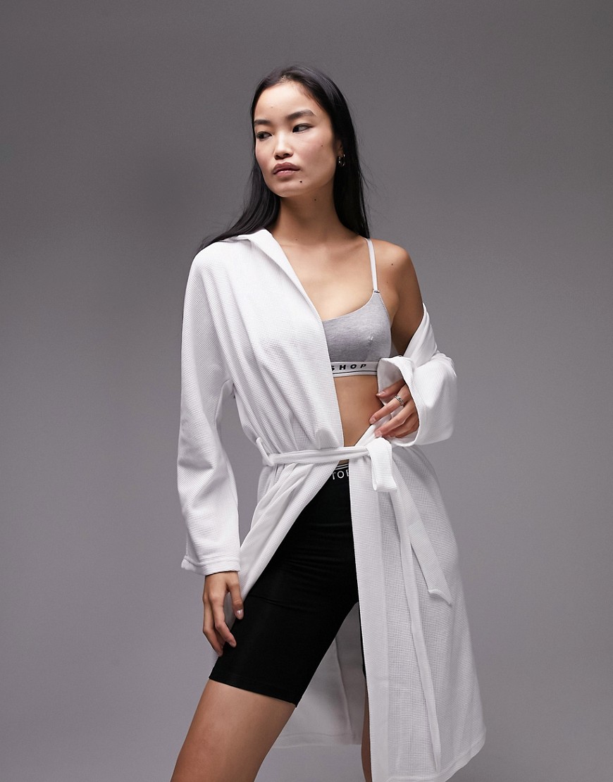 waffle hooded robe in white