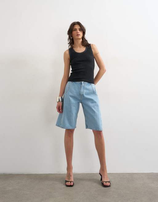Topshop waffle singlet with woven trim in washed black, 2 of 4