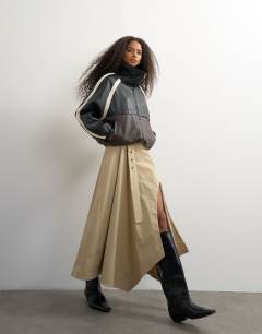 Waist detail asymmetric hem trench skirt in stone