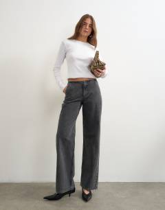Waistbandless relaxed straight jean in washed black