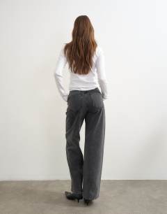 Model wearing Waistbandless relaxed straight jean in washed black