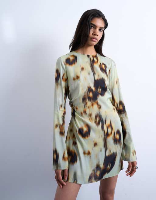 Topshop waisted long sleeve mini dress in blur print, 3 of 4