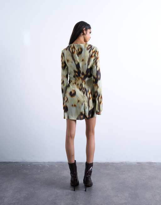 Topshop waisted long sleeve mini dress in blur print