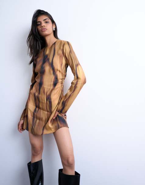 Topshop waisted long sleeve mini dress in woodgrain print - view 1