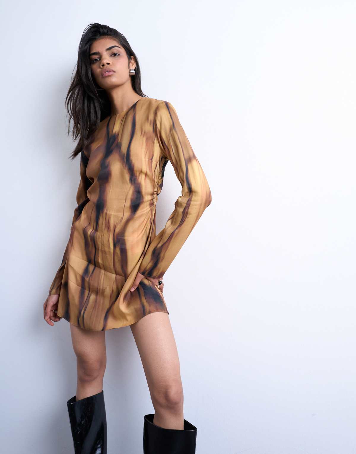 Topshop waisted long sleeve mini dress in woodgrain print