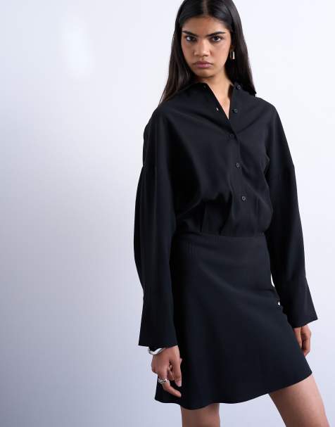 Topshop waisted micro mini shirt dress in black cupro - view 1