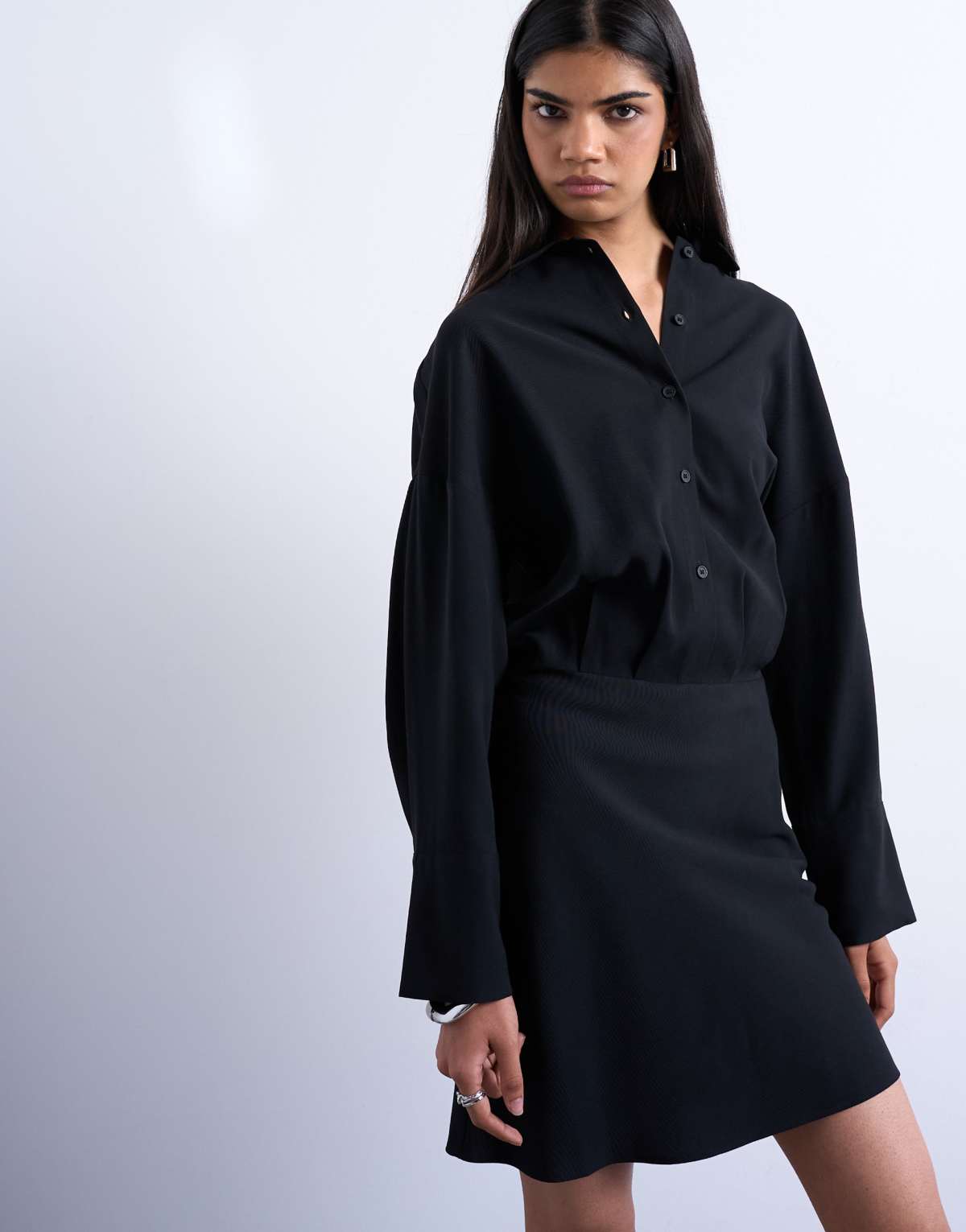 Topshop waisted micro mini shirt dress in black cupro