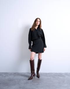 Waisted micro mini shirt dress in black cupro