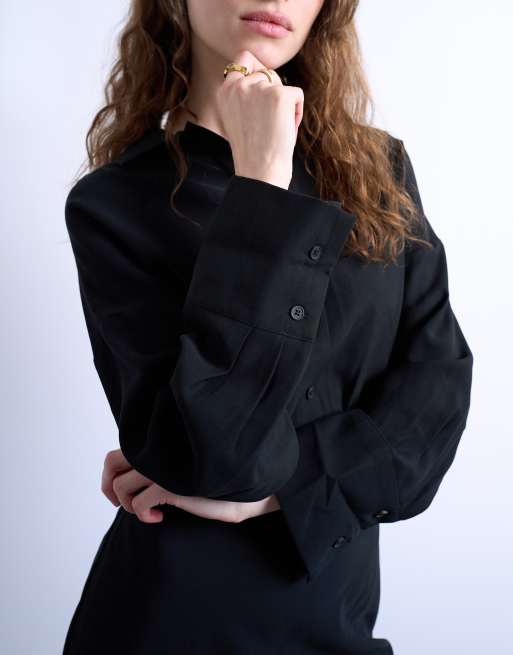 Topshop waisted micro mini shirt dress in black cupro, 3 of 4