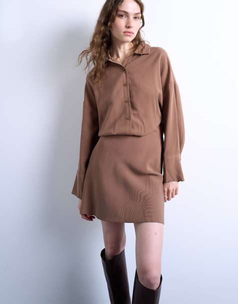 Topshop waisted micro mini shirt dress in brown cupro - view 1