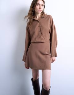 Waisted micro mini shirt dress in brown cupro