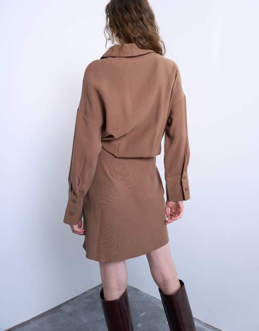 Topshop waisted micro mini shirt dress in brown cupro