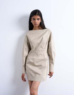 Topshop Women's Taupe Waisted Ovoid Sleeve Slash Neck Mini Dress In -Brown