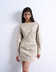 Waisted ovoid sleeve slash neck mini dress in taupe