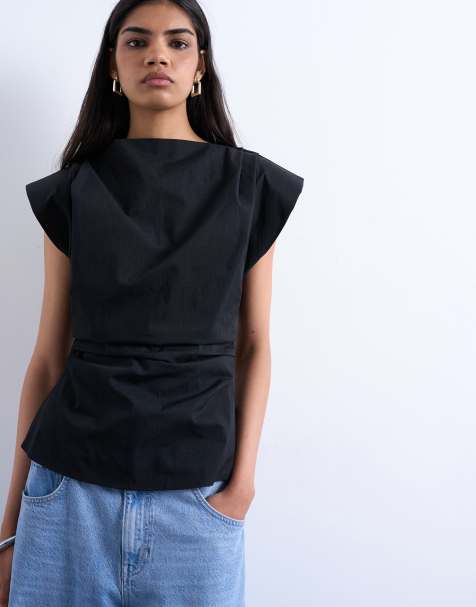 Topshop waisted structured shoulder top in black - view 1