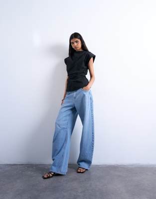 Topshop Waisted Structured Shoulder Top In Blue