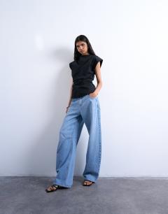 Model wearing Waisted structured shoulder top in black