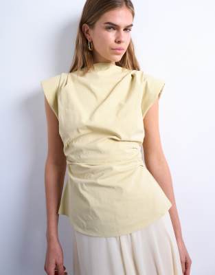Topshop waisted structured shoulder top in buttermilk-Yellow