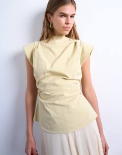 Waisted structured shoulder top in buttermilk