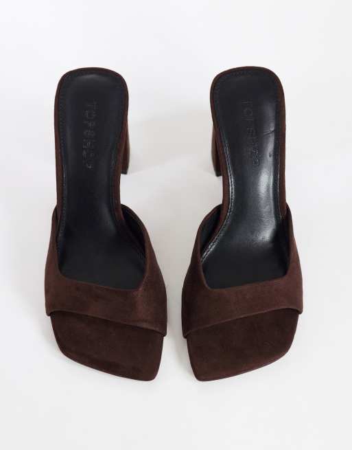 Topshop Walter high heeled mule in chocolate faux suede, 3 of 4