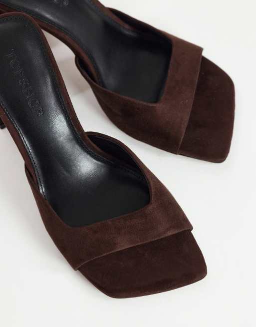Topshop Walter high heeled mule in chocolate faux suede, 4 of 4