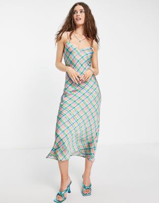 Warped Check Satin Midi Slip Dress In Pink ModeSens
