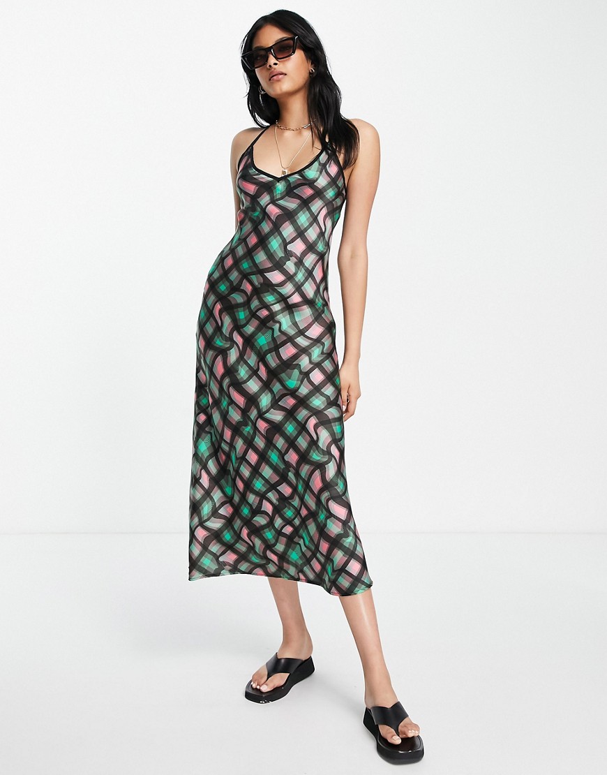Topshop warped check slip dress in pink and teal-Multi