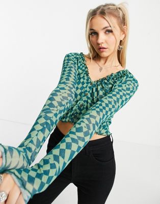 Topshop warped chequer button front top in green