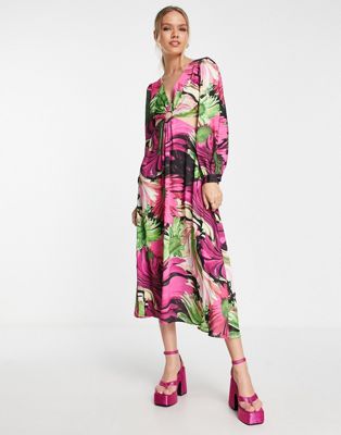 Topshop Warped Floral Cut Out Detail Ring Midi Dress In Multi