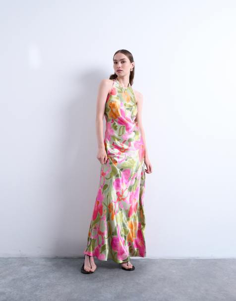 Topshop contrast layered halter neck midi dress in floral print