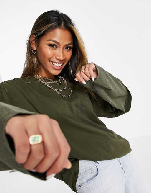 washed 2 in 1 long sleeve skater tshirt in olive ASOS