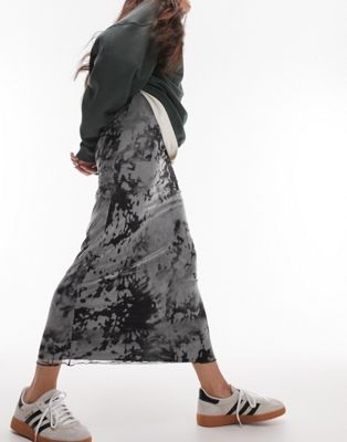 Topshop washed blurred print mesh midi skirt in mono