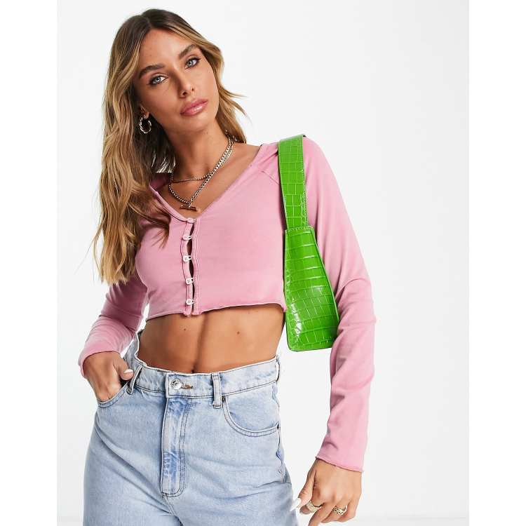 Topshop washed button through crop cardi in pink