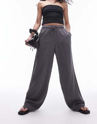 Topshop Washed Cheesecloth Wide Leg Pants In Charcoal-gray